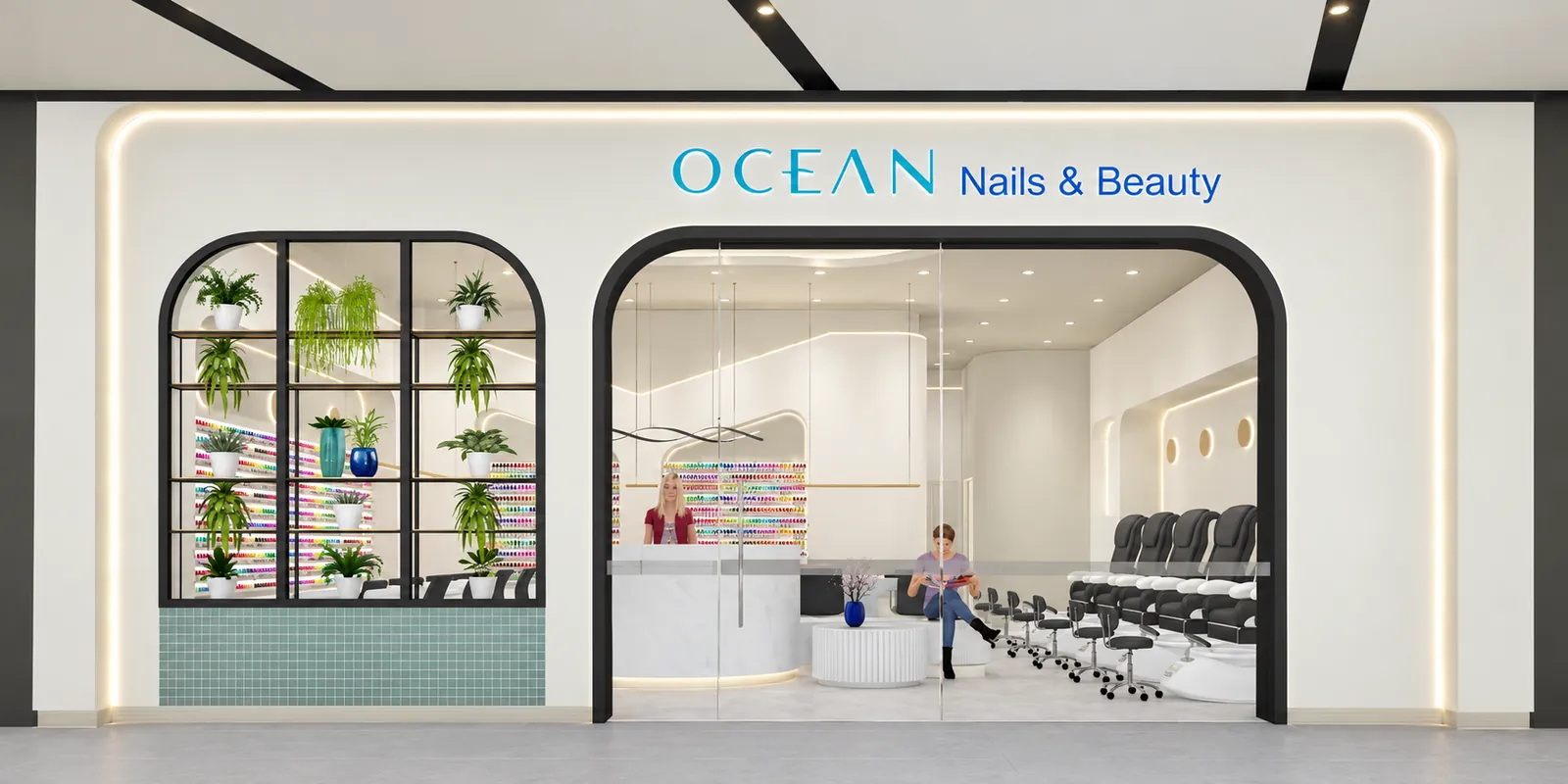 Inside Ocean Nails & Beauty: reception, colour wall and pedicure chairs