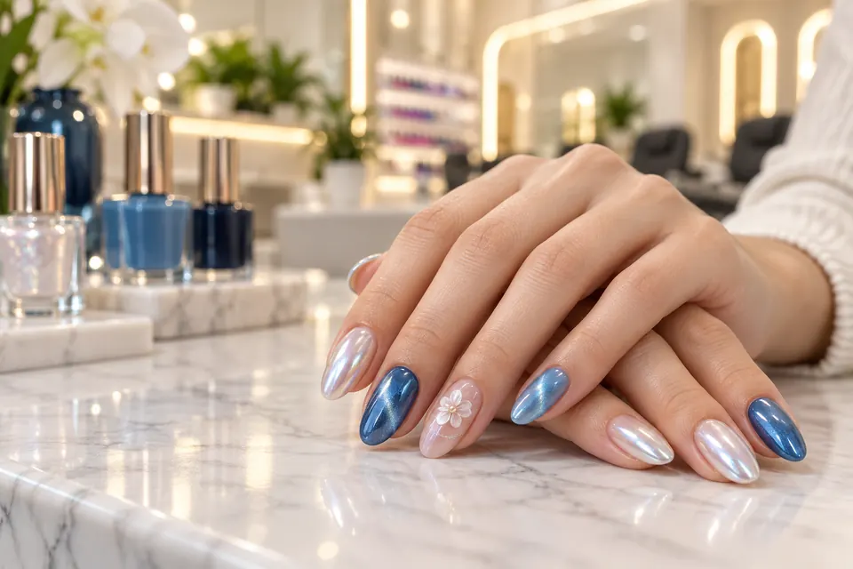 Gel X extensions with chrome and 3D flower nail art
